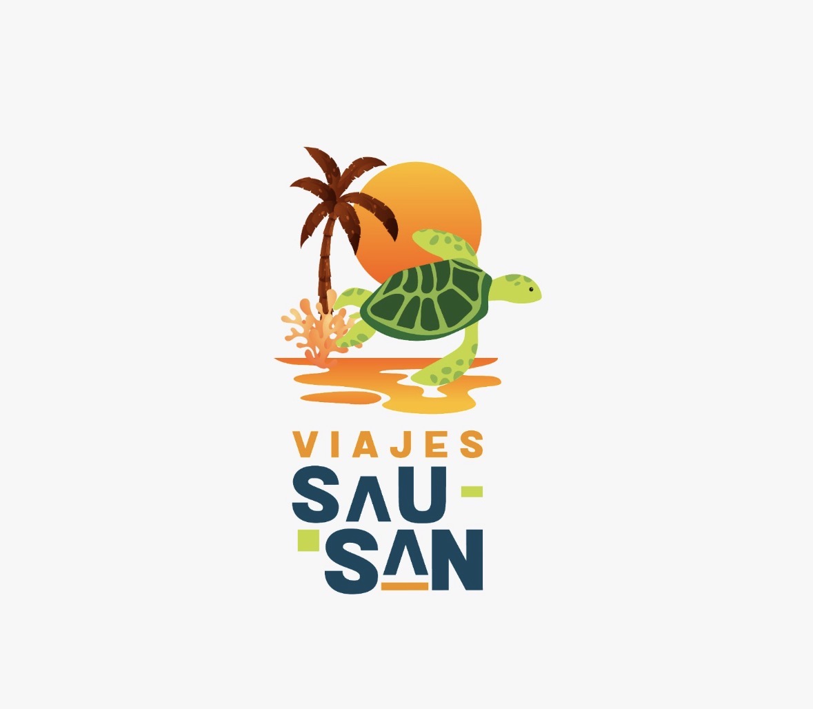 Logo de Viajes SAU SAN: tortuga, palmera y sol